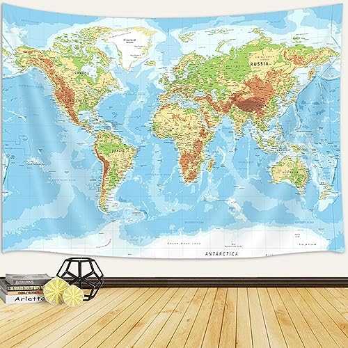 World Map Tapestry for Kids Student, World Map with Countries and Major Cities Tapestries Educational Asia Europe South City Topography America Africa Japan Wall Tapestry 40X30 Inch(Blue) by JAWO