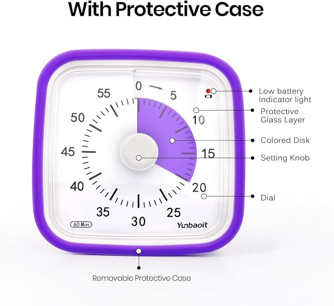 Yunbaoit Visual Timer for Kids, Silent 60-min Countdown Timer, Purple - Image 3
