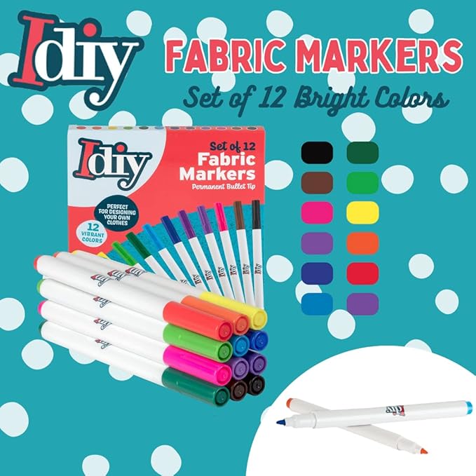 Fabric Markers Set of 12 Permanent Paint Pens- Fine Bullet Tip for DIY Xmas Ornaments, Decorations, Clothes, Shoes, Bags- Non-Toxic Stocking Stuffers for Kids, Artists, Holiday Arts & Crafts Supplies