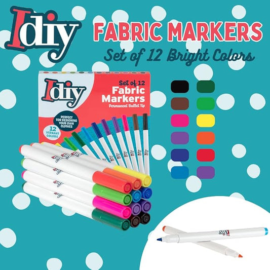Fabric Markers Set of 12 Permanent Paint Pens- Fine Bullet Tip for DIY Xmas Ornaments, Decorations, Clothes, Shoes, Bags- Non-Toxic Stocking Stuffers for Kids, Artists, Holiday Arts & Crafts Supplies