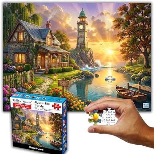 Think2Master Sunset Cove 500 Pieces Large Format Jigsaw Puzzle: 13+, Teens, Adults & Families. Vibrant Natural Landscape Painting with a Stone Cottage, Lighthouse, Golden Sunset. Size: 26.8” X 18.9” by Think2Master