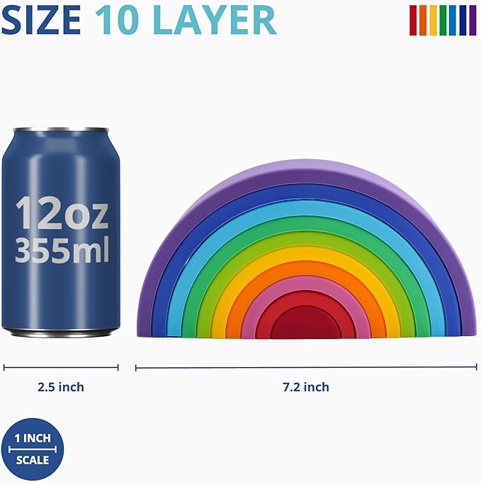BLUE GINKGO Silicone Rainbow Stacker - Montessori Nesting Puzzle | Kids and Toddler | Stacking Sensory Toys - 10 Layers (Vibrant)