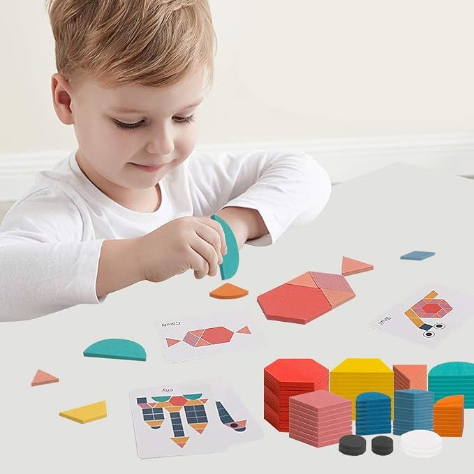 USATDD 180 Pcs Wooden Tangrams Pattern Blocks Set Geometric Manipulative Shape Puzzle Kindergarten Classic Educational Montessori Toys for Kids Toddlers Ages 4-8 with 24 Pcs Flash Cards - Image 7