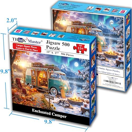 Think2Master Enchanted Camper 500 Pieces Large Format Jigsaw Puzzle: 13+, Teens, Adults & Families. Magically captures Autumn, Winter, Vintage Camper Van, Lake, Aurora & Mountains Size: 26.8” X 18.9” - Image 4