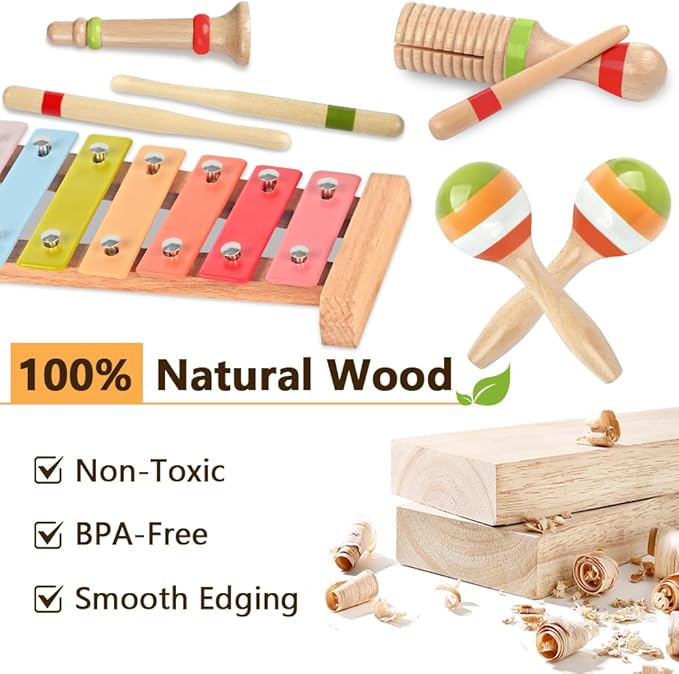Toddlers Musical Instruments for 1 2 3 Year Old Girls,Baby Montessori Wooden Musical Toys for Toddlers 1-3 Year Old,Kids Musical Toy for Preschool,Christmas Birthday Gift for Baby Girls (Pink 6 in 1)