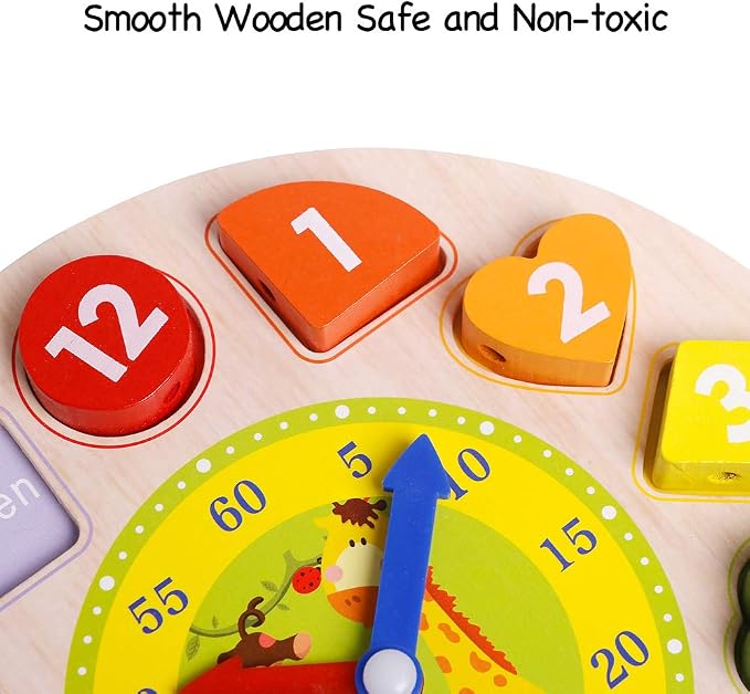 Wooden Sorting Clock Toy for Kids 3-5 Years Old, Montessori Shape Color & Animal Puzzle, Educational Learning Gift for Teaching Time, Numbers, and Fine Motor Skills - Image 3