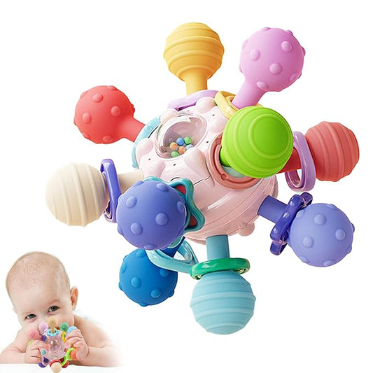 Baby Sensory Montessori Toy - Infant Teething Relief - Teethers for Newborn - Developmental Rattles Chew Toys Gifts for 0 3 6 9 12 18 Months Girl Boy -Toddler Travel Toy for 1 2 One Year Old (Pink)