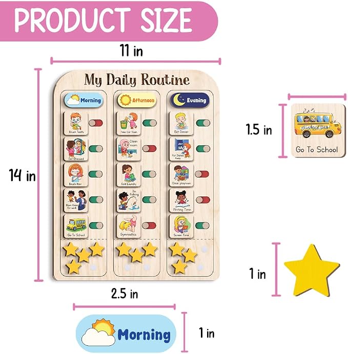My Daily Routine Chart for Kids 11x14 Inch – Wooden Chore Chart with Morning Afternoon Evening Sections, Visual Schedule Board with Sliding Trackers & Star Reward System for Toddlers - Image 8