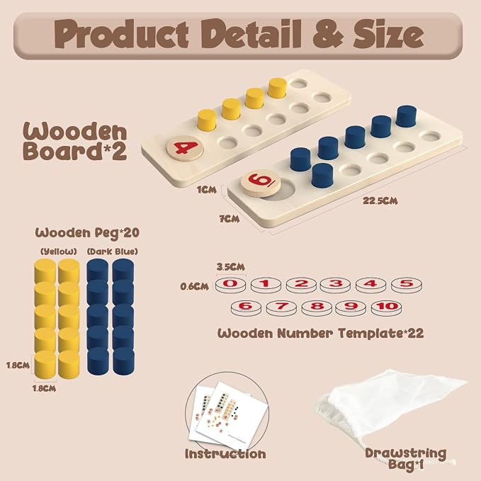 TEUVO Counting Peg Board Montessori Toys for Kids Aged 3 4 5 6 Years Old, Montessori Math Manipulatives Materials Wooden Preschool Learning Number and Counting Games for Home School Classroom Teaching - Image 6