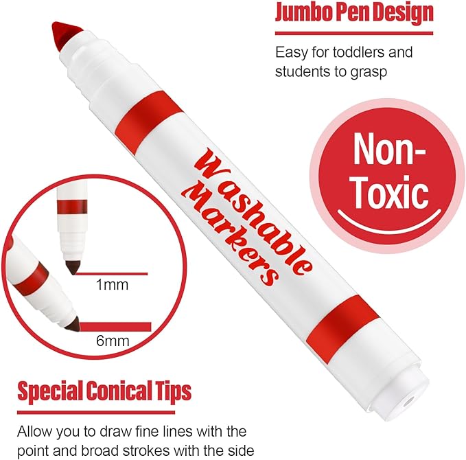 Janlaugh 36 Pcs Red Washable Markers Bulk Coloring Broad Line Markers for Kids Red Conical Tip Drawing Pen for Christmas, School Supplies, Travel Art Baby Shower Gender Reveal Party Supplies, Ages 6+