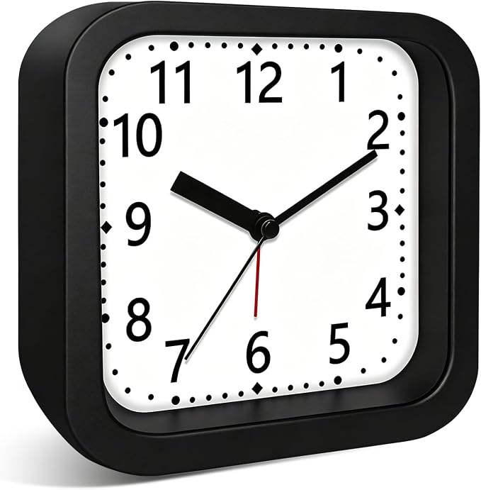 Loud Alarm Clock for Heavy Sleepers, 4.5" Simple Square Analog Alarm Clocks with Silent Movement Battery Operated Easy-to-Read Dial, Plastic Small Desk Clock for Bedroom Teens Seniors, Black by Noubnea