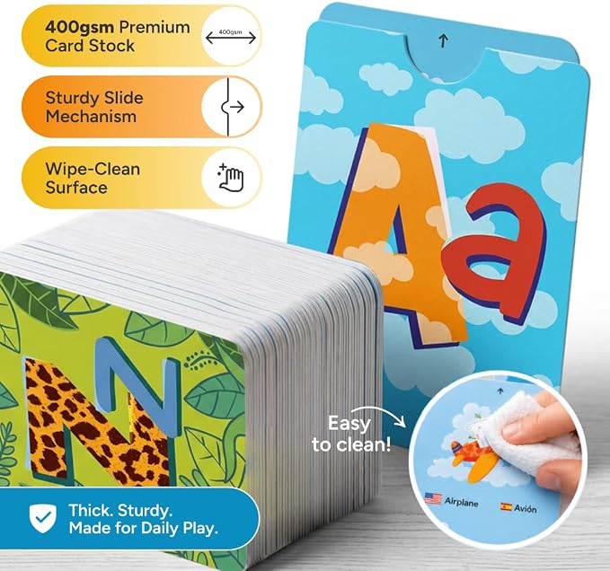 Kidrox Squad Alphabet Flashcards for Kids – 26 Slide-Reveal Cards in English & Spanish | Magic Pull-Tab Bilingual Learning Game for Toddlers & Preschoolers Age 3+ - Image 4