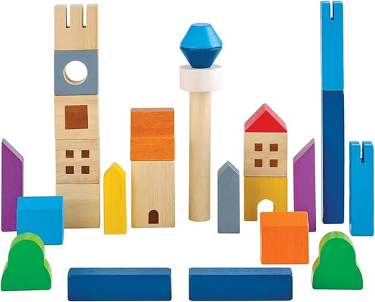 PlanToys® Cityscape Blocks Wooden Montessori Building and Imaginative Play Set | Fine Motor, Creativity and Early STEM Skill Development | Eco Friendly Open Ended Construction Toy