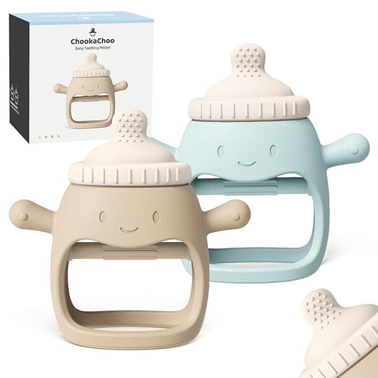 2Pack Baby Teething Toy for Over 3 Month, Food Grade Silicone Teething Mitten, Anti Dropping Wrist Hand Teethers Baby Chew Toys for Sucking Needs, BPA Free (Patent Pending) (Blue & Beige)