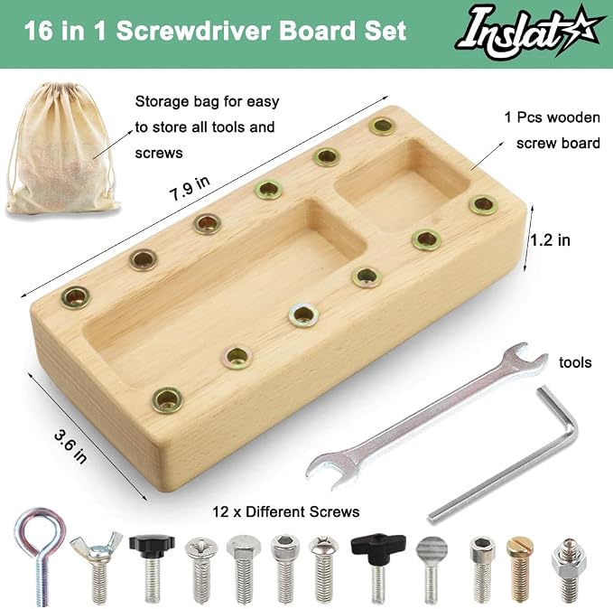 Inslat Montessori Screwdriver Board Set, Wooden Montessori Toy Tool for 3 4 5 Year Old Kids, Educational Screw Board Sensory Learning Toys STEM Fine Motor Skills Toys - Image 2