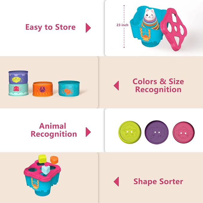 LTKFFFdp Baby Stacking Toys for Toddlers 1-3, Nesting Cups Shape Sorter for Infant 6 to 12-18 Month, Stackable Learning Toy with Blocks, Rattle & Frog Bath Toy, for Girl Boy Birthday - Image 5
