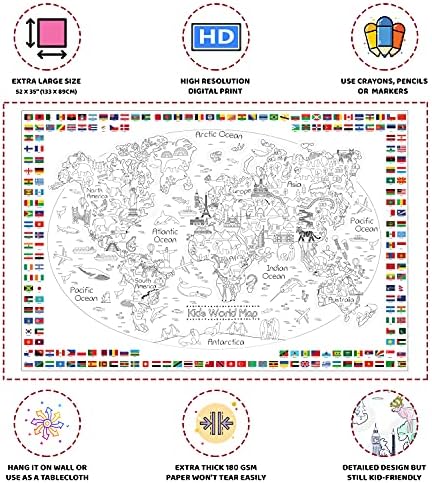 Dekali Designs Kids World Map Coloring Poster - 35 x 52 Inches Jumbo Coloring Poster With World Flags for Classroom, Home, Birthday Parties or Other Events - Image 2