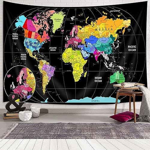 World Map Tapestry for Kids Student, World Map with Countries and Major Cities Tapestries Educational Asia Europe South City Topography America Africa Japan Wall Tapestry 71X60 Inch(Multi) by JAWO