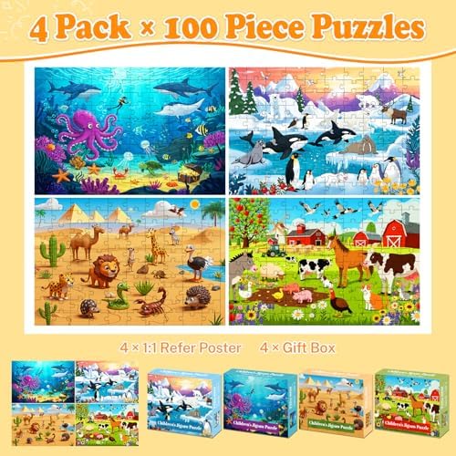 4-Pack 100 Piece Puzzles for Kids Ages 4-6 6-8 8-10 10-12, Farm Desert Polar Seaworld Kids Puzzles Ages 3-5 4-6 5-8 8-10, Learning Educational Jigsaw Puzzles 100 Pieces, Gifts for Girls Boys 15x10in - Image 2