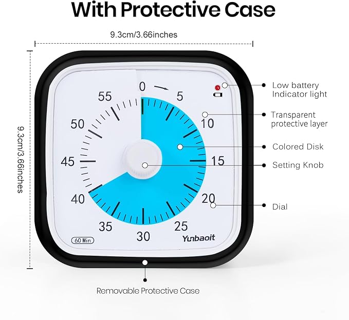 Yunbaoit Visual Timer for Kids, Silent 60-min Countdown Timer, Black Blue - Image 3