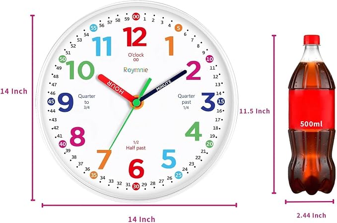 Roymnie 14" Wall Clock for Kids Learning Silent Battery Operated Teaching - Image 2