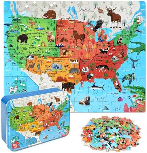 LELEMON Puzzles for Kids Ages 4-6,Animal Map 100 Piece Puzzles for Kids Ages 4-8 in a Metal Box, Educational Jigsaw Puzzles 100 Piece Puzzle Games Puzzle Toys for Girls and Boys by LELEMON