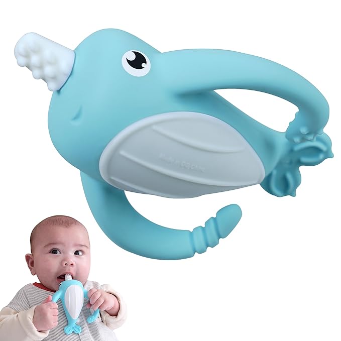 Smily Mia Narwhal Silicone Baby Teething Toys for 3-6 6-12 Months, Teething Relief Toys, Food Grade Silicone Teether Baby Toys, Sensory Toys for Teething Babies, Baby Essential, BPA Free, Blue