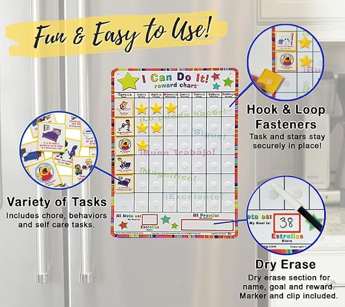 Kenson Kids Spanish English “I Can Do It” Reward and Responsibility Chart, 11 X 15.5-Inch, Daily Routine Incentive Star Chart- Visual Weekly Magnetic Chore, Behavior, and Organizational Star Chart - Image 6