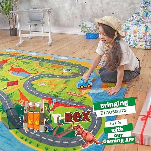 KC Cubs 3x5 Dinosaur Toy Car Dino Road Rug – Educational Play Mat Carpet for Kids, Toddlers, Nursery, Classroom, Playroom, Baby Daycare, Boys & Girls by KCCubsKidsHomeandFurnishing