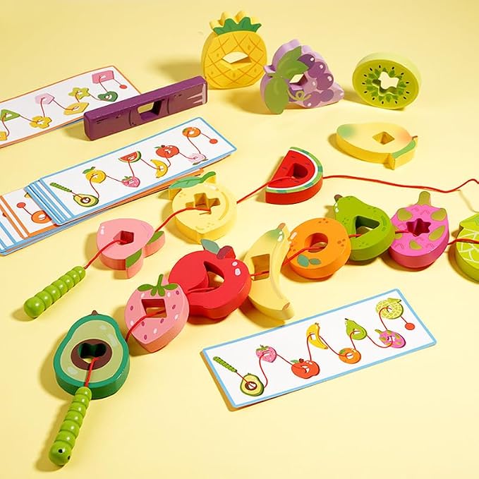 Wooden Greedy Caterpillar Lacing Toy, Montessori Threading & Stringing Toy with 20 Pattern Cards, Fine Motor Skills Educational Travel Gifts for Kids Ages 3+ - Image 3