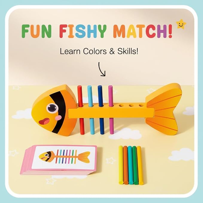 Montessori Fine Motor Skills Toys for Toddlers, Wooden Fishbone Color Matching & Sorting Toy with 20 Task Cards, Learning Educational Gifts for 3 4 5 6 Year Olds, Baby Sensory Training Toys - Image 2