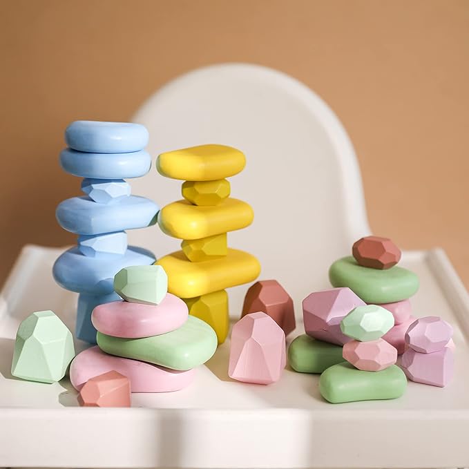 OESSUF 34PCs Stacking Rocks Balancing Stones Wooden Stacking Toys for Toddler Montessori Sorting Game