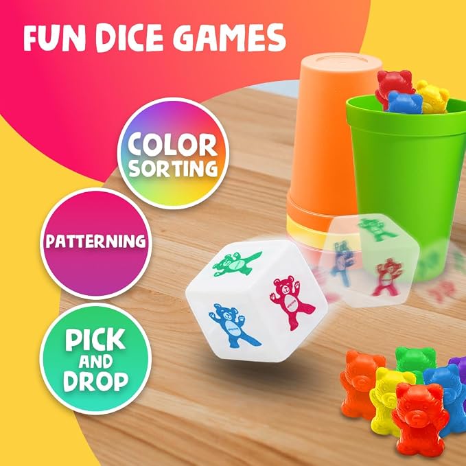Skoolzy Rainbow Stacking Bears & Sorting Cups, 69 Pc Set, Storage Bag - Image 5