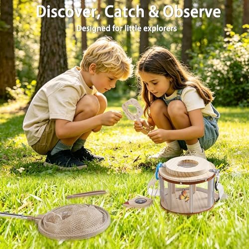 Wooden Bug Catcher Kit for Kids Ages 3-8, 11PCS Outdoor Nature Explorer Kit with Bug Habitat, STEM Educational Guide, Butterfly Net & Magnifying Glass, Montessori Catching Toy & Camping Gift - Image 2