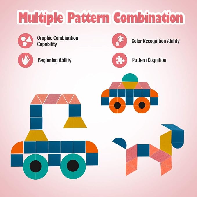 USATDD 180 Pcs Wooden Tangrams Pattern Blocks Set Geometric Manipulative Shape Puzzle Kindergarten Classic Educational Montessori Toys for Kids Toddlers Ages 4-8 with 24 Pcs Flash Cards - Image 6