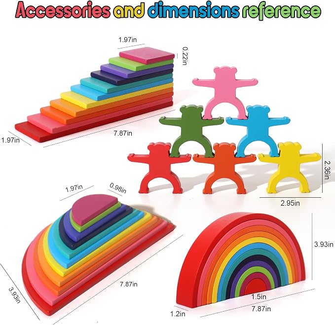 Dinhon 40-Piece Wooden Rainbow Stack Set, 4-in-1 Building Blocks preschoolers Early Development & Activity Toys Montessori Toys for Kids 1 2 3 4 Years and Older Gifts for Boys and Girls - Image 7