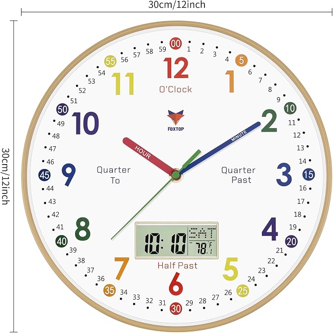 Foxtop Digital and Analog Learning Clock for Kids - Telling Time Teaching Clock 12 Inch Silent Non-Ticking Battery Operated Kids Wall Clock for Playroom Nursery Classroom School - Image 7