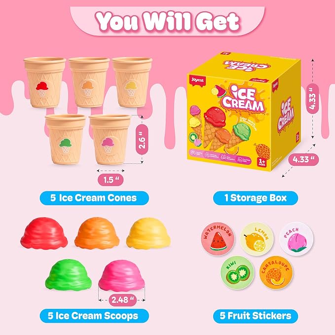 JoyCat Ice Cream Sorting and Stacking Pretend Play Toy Set, 5 Cones - Image 7
