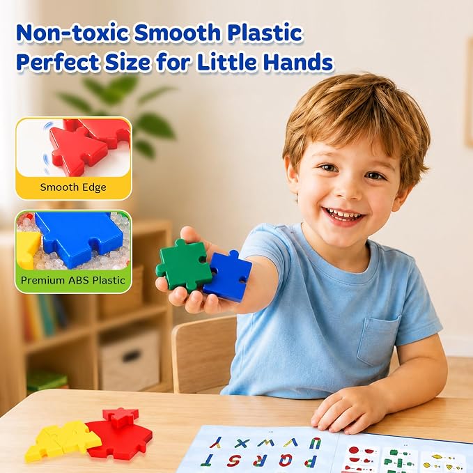 PRE-WORLD Pattern Blocks, 30 Pcs Interlocking Geometric Puzzle Kids 3+,IQ Puzzle Book, 101 Patterns, Non-Toxic Plastic, Math & Geometry Learning, Portable Storage for Home, Travel, Classroom - Image 4