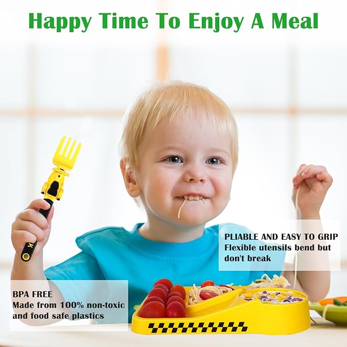 Construction Utensils for Toddlers - Motorcycle Toddler Forks - for Halloween Utensils Gift - Forks and Spoons Silverware Set - Christmas Gift for 1 2 3 4 5 year old - Yellow