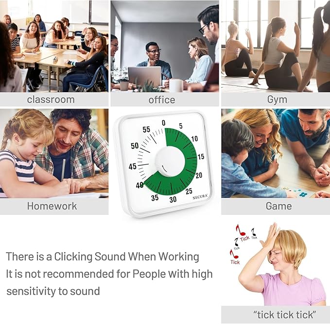 Secura 7.5 Inch Visual Timer, 60 Minute Oversize Visual Countdown Timer for Kids and Adults, Durable Mechanical Time Management Tool (Green) - Image 4