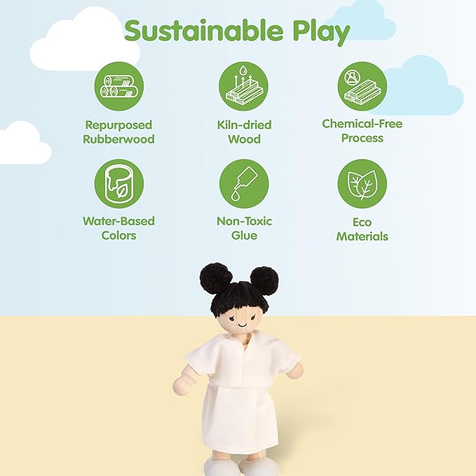 PlanToys® Wooden Girl Dollhouse Figure - Fair Skin Tone | Poseable 1:12 Scale Dollhouse People | Montessori Pretend Play Doll with Bendable Arms & Legs | Eco-Friendly Wooden Figurine for Kids