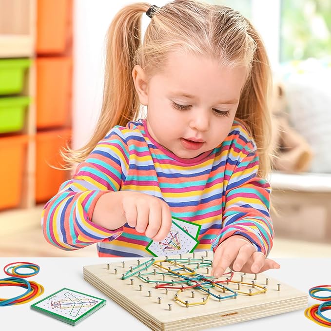 Wooden Geoboard, Montessori STEM Toy with Pattern Blocks for Kids Ages 3+ - Image 7