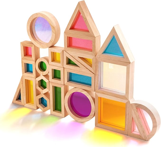 Agirlgle Wooden Rainbow Building Blocks for Kids 32 Pcs Rainbow Stacker Stacking Blocks Game Colorful Construction Toys Preschool Learning Educational Toys -Geometry Wooden Blocks for Boys & Girls by Agirlgle