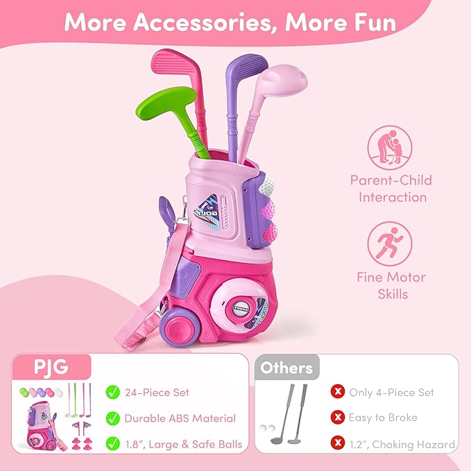 PJG Toddler Golf Set, Plastic Kids Golf Clubs 3-5 with 4 Golf Clubs and 10 Balls, Indoor and Outdoor Golf Toys with Cart for Toddlers Boys and Girls Aged 1 2 3 4 5 Years Old Birthday (Pink)