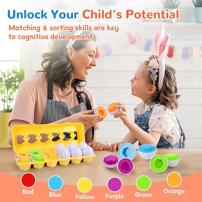 USATDD Matching Eggs for Toddlers Montessori Geometric Eggs Color & Shape Recognition Toy, Fine Motor Skills Shape Sorter Puzzle, Easter Eggs Toys Gifts for Kids, Easter Basket Stuffers - Image 7