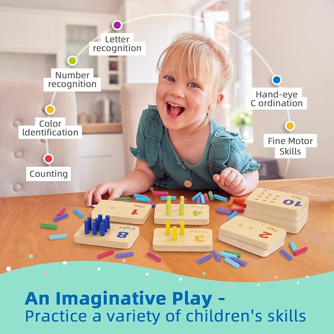TOOKYLAND Peg Board Toddler Toys, Counting Wooden Toys with 55 Pegs - Image 3