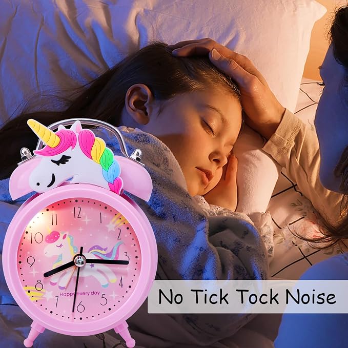 TCJJ Unicorn Alarm Clock for Girls Kids, Cute Bedroom Decoration, Non Ticking Silent Second Hand, w/Backlight Super Loud Twin Bell, for Kids Unicorn Gifts (Pink) - Image 5