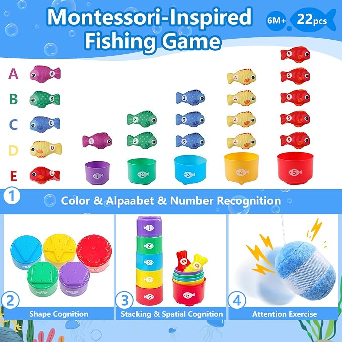 Montessori Fishing Toy for Toddler: 22Pcs Learning Set with Stacking Cups - Image 4