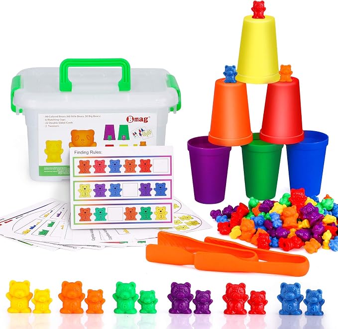 Bmag Counting Bears with Matching Sorting Cups,Number Color Recognition STEM Educational Toy for Toddler, Pre-School Learning Toy with 90 Bears,2 Tweezers,11 Activity Cards,1 Storage Box by BMAG